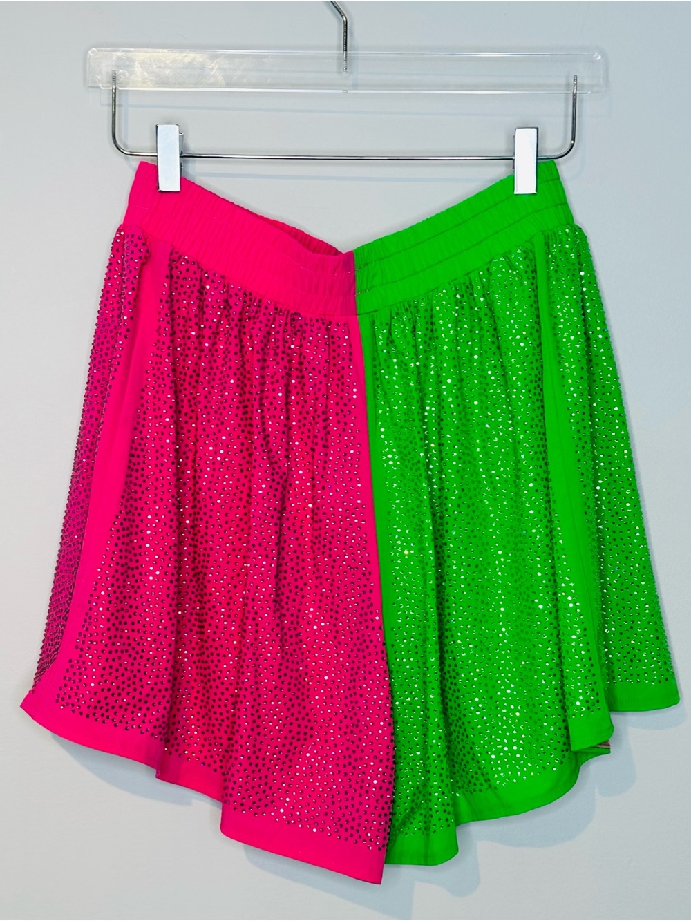 Queen of Sparkles Colorblock Rhinestone Pink Green Pull On Shorts - Picture 2 of 12